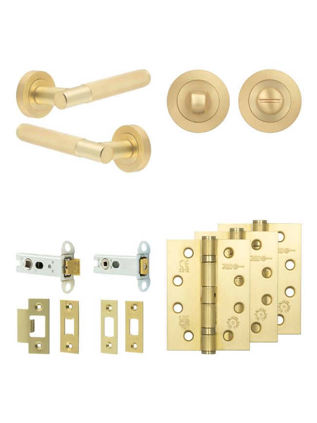 Complete Bari Door Handle Pack - Heavy Duty Tubular Bathroom (Standard Thumb Turn) - Satin Brass - 76mm / 4-inch Hinges - JE-D31A3-SB
