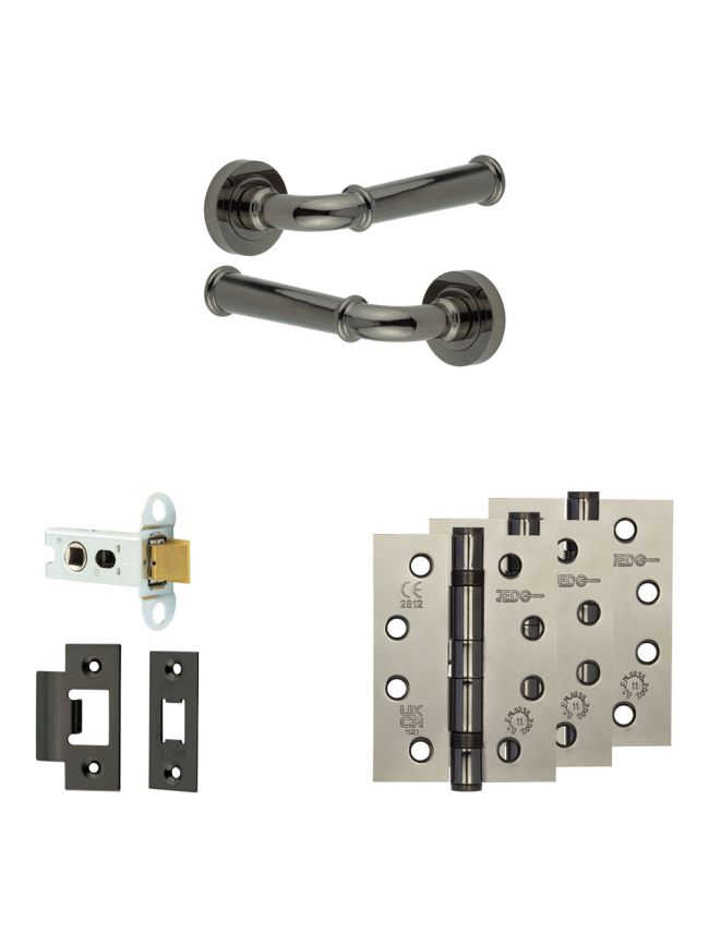 Complete Classic Door Handle Pack - Heavy Duty Latch - Black Nickel - 64mm / 4-inch Hinges - JE-A20A-BN