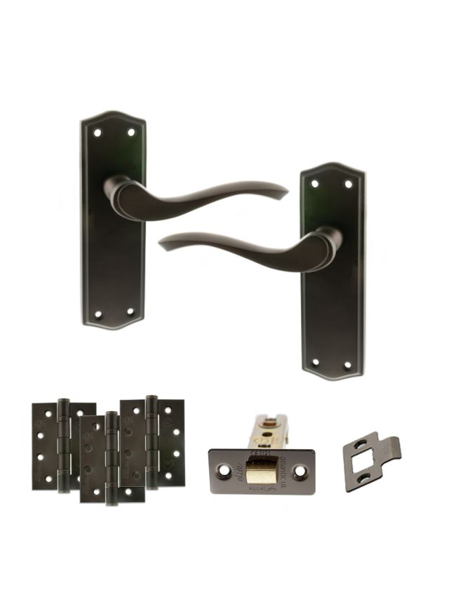 Old English Warwick Door Handle Pack (Latch Set - 3" CE Latch, 4" Fire Rated Hinges x3) - Urban Dark Bronze