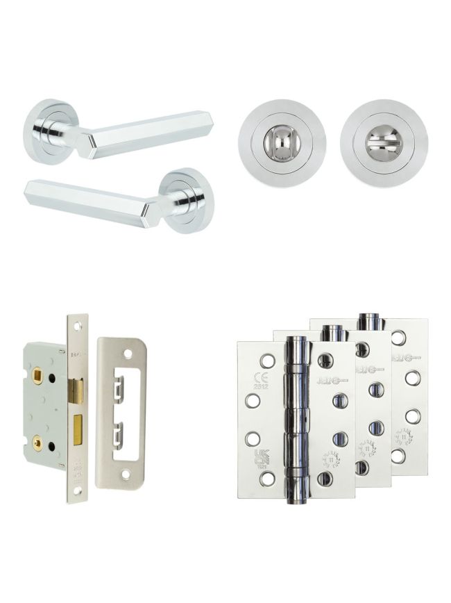 Complete Hex Door Handle Pack - Bathroom Lock (Standard Thumb Turn) - Polished Chrome - 65mm / 4-inch Hinges - JE-C5A3-PC