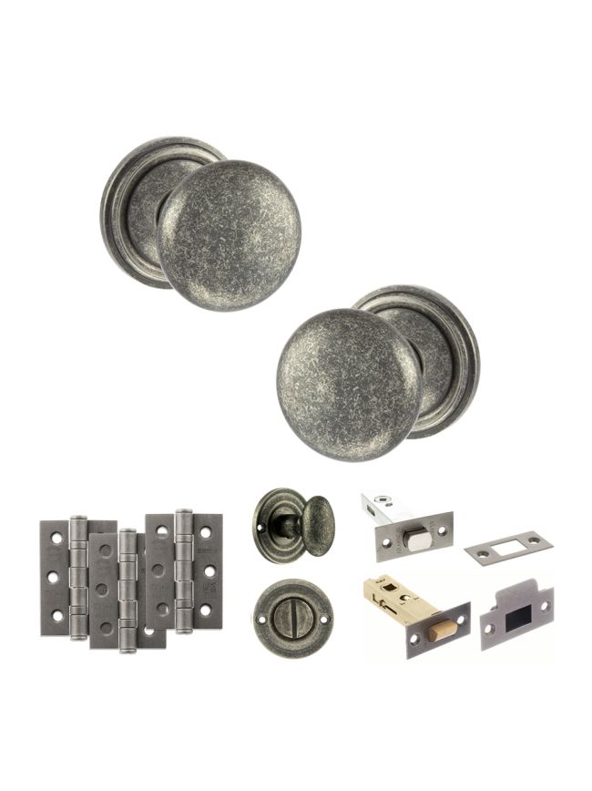 Old English Harrogate Door Knob Pack (Bathroom Set - 3" Deadbolt, 3" Fire Rated Hinges x3) - Distressed Silver