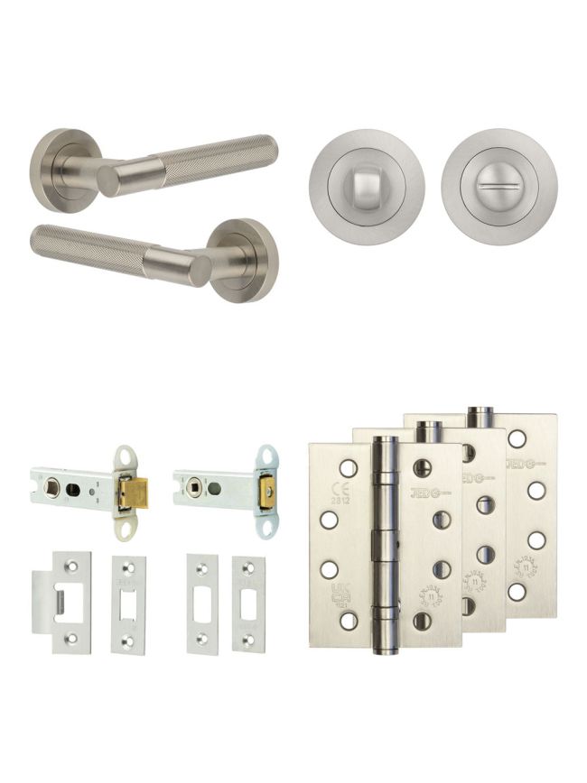 Complete Bari Door Handle Pack - Heavy Duty Tubular Bathroom (Standard Thumb Turn) - Satin Nickel - 76mm / 4-inch Hinges - JE-D31A3-SN