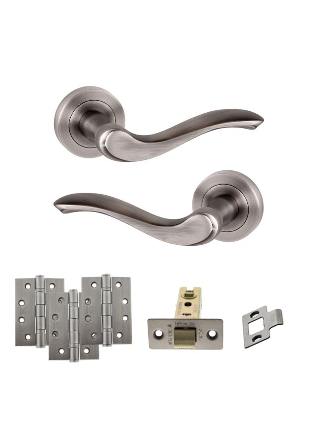 Old English Warwick Door Handle Pack (Latch Set - 2.5" CE Latch, 4" Fire Rated Hinges x3) - Matt Gun Metal