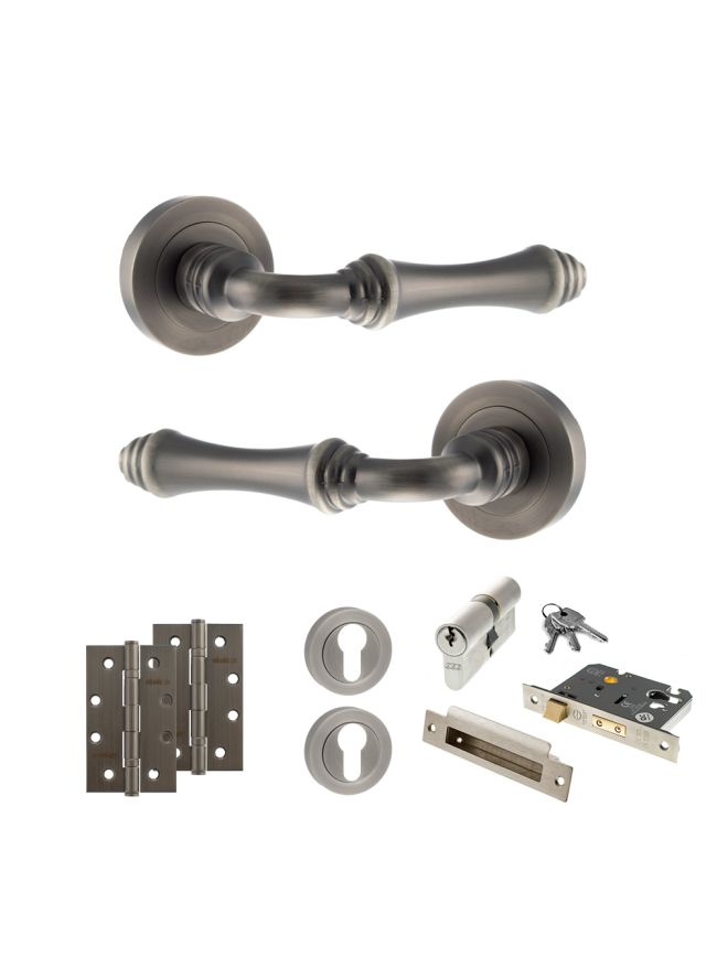 Old English Durham Door Handle Pack (Euro Lock Set - 2.5" CE Sashlock, 4" Slim Knuckle Hinges x2) - Matt Gun Metal