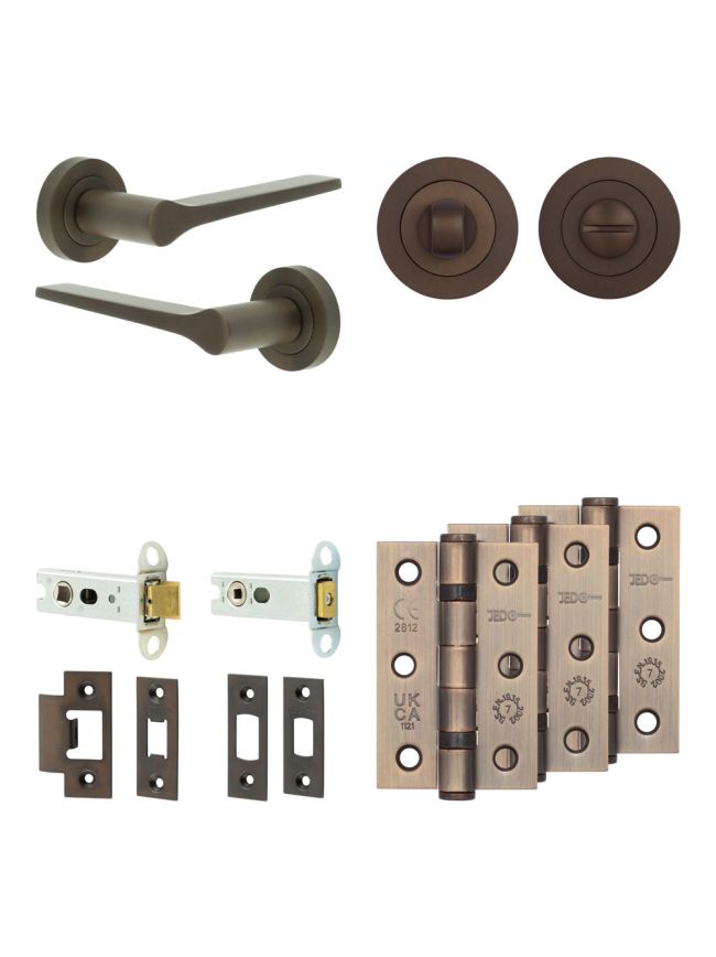 Complete Gio Door Handle Pack - Heavy Duty Tubular Bathroom (Standard Thumb Turn) - Dark Bronze - 76mm / 3-inch Hinges - JE-E31B3-DB