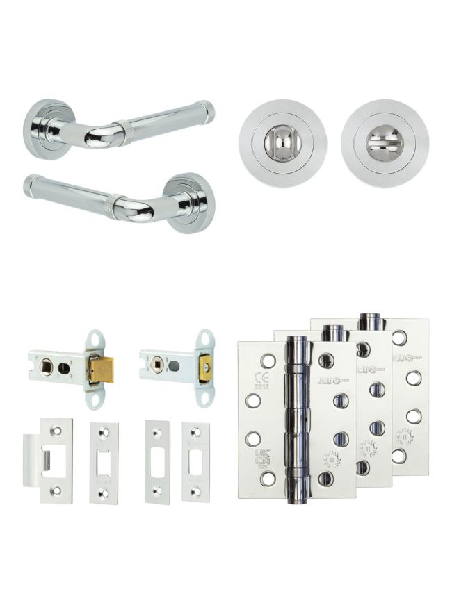 Complete Midtown Door Handle Pack - Heavy Duty Tubular Bathroom (Standard Thumb Turn) - Polished Chrome - 64mm / 4-inch Hinges - JE-G30A3-PC