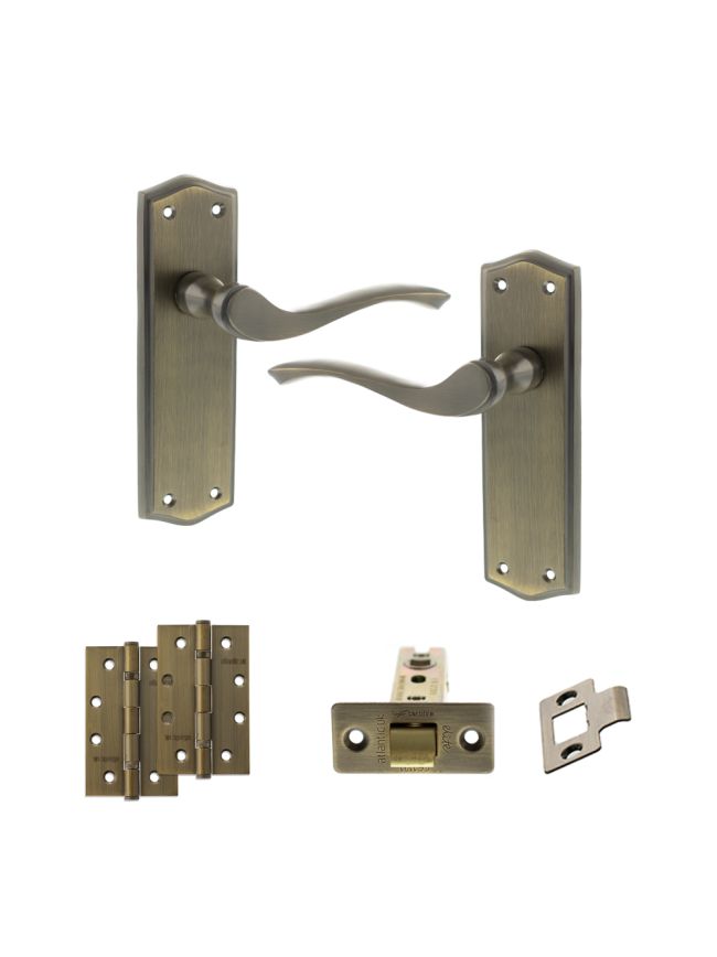 Old English Warwick Door Handle Pack (Latch Set - 2.5" CE Latch, 4" Slim Knuckle Hinges x2) - Matt Antique Brass