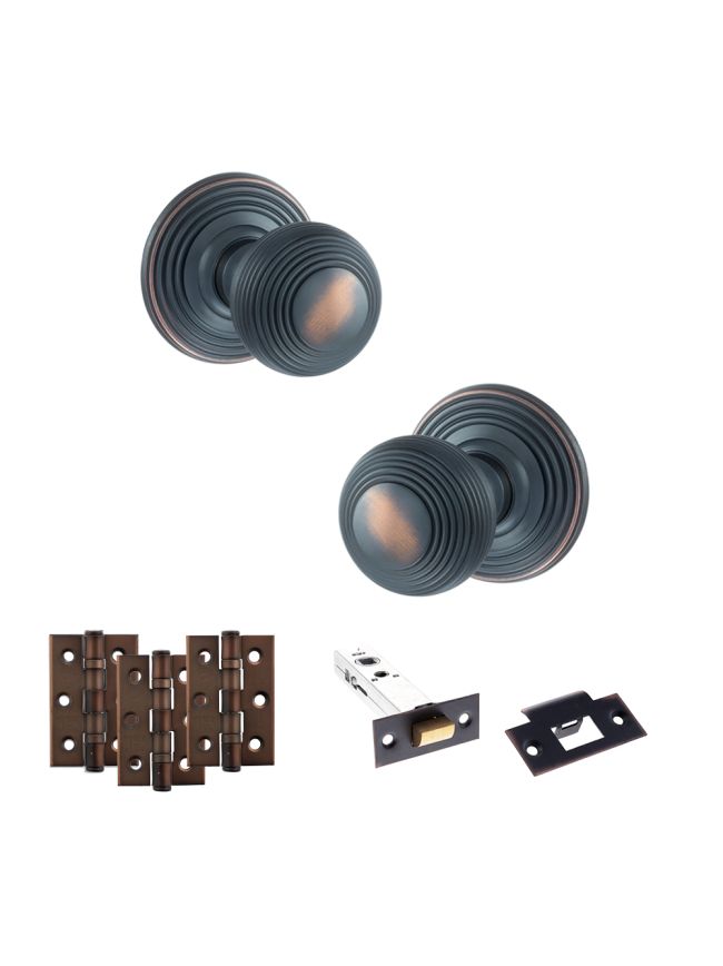 Old English Ripon Door Knob Pack (Latch Set - 4" HD Latch, 3" Fire Rated Hinges x3) - Antique Copper