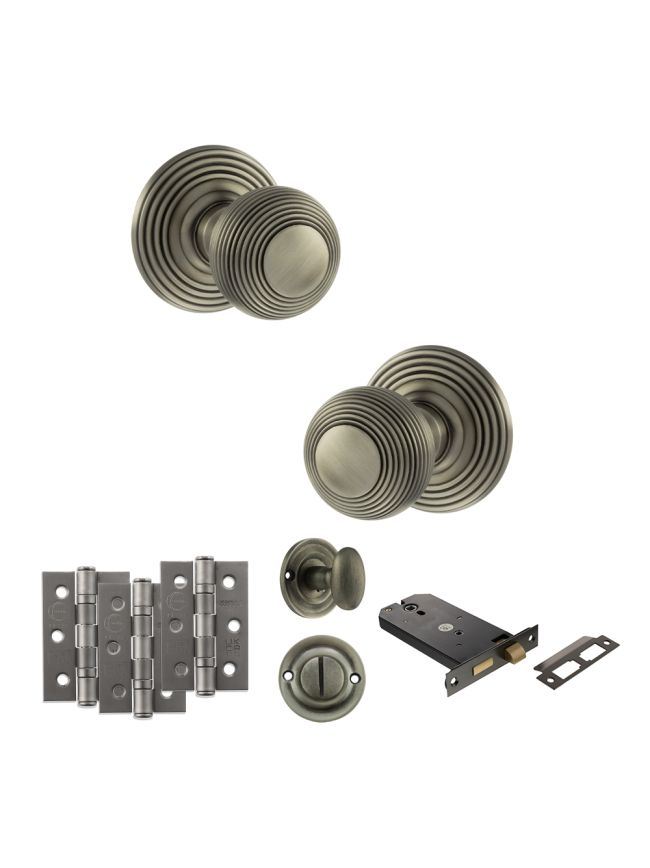 Old English Ripon Door Knob Pack (Lock Set - Horizontal Bathlock, 3" Fire Rated Hinges x3) - Matt Gun Metal