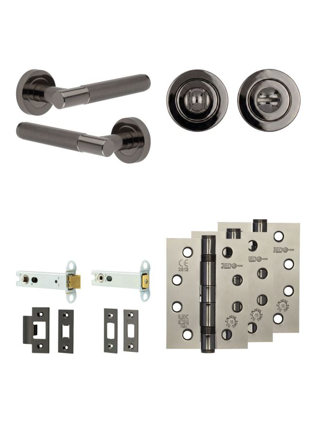 Complete Bari Door Handle Pack - Heavy Duty Tubular Bathroom (Standard Thumb Turn) - Black Nickel - 102mm / 4-inch Hinges - JE-D32A3-BN