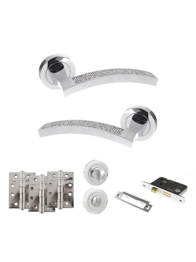 Senza Pari Crystal Door Handle Pack (Bathroom Set - 2.5" CE Bathroom Lock, 4" Fire Rated Hinges x3) - Polished Chrome