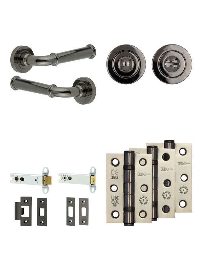 Complete Classic Door Handle Pack - Heavy Duty Tubular Bathroom (Standard Thumb Turn) - Black Nickel - 102mm / 3-inch Hinges - JE-A32B3-BN