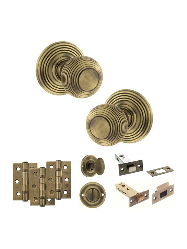 Old English Ripon Door Knob Pack (Bathroom Set - 4" Deadbolt, 3" Fire Rated Hinges x3) - Matt Antique Brass