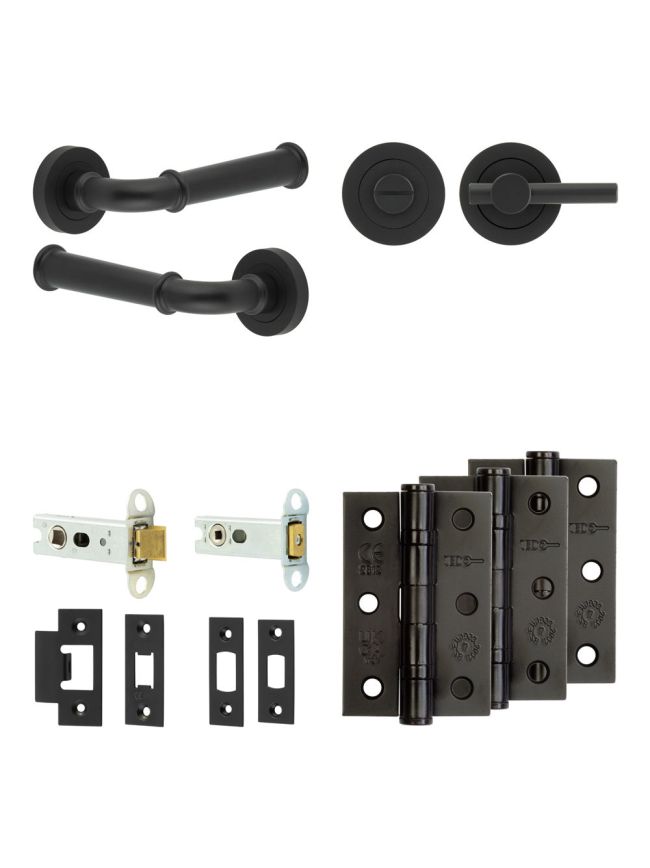 Complete Classic Door Handle Pack - Heavy Duty Tubular Bathroom (Plain Thumb Turn) - Matt Black - 76mm / 3-inch Hinges - JE-A31B2-MB