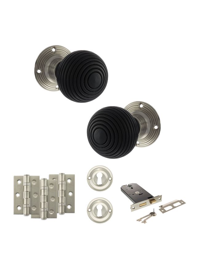 Old English Whitby Door Knob Pack (Lock Set - Horizontal Sashlock, 3" Fire Rated Hinges x3) - Satin Nickel
