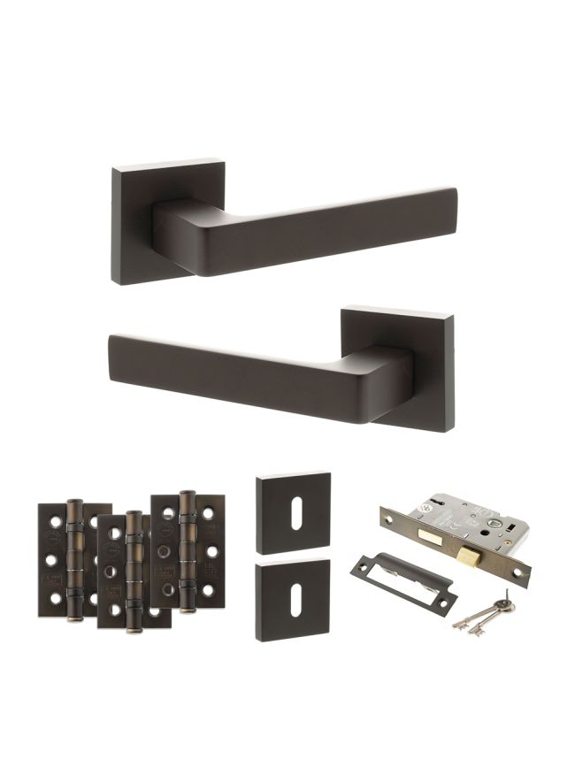 STATUS Montana Door Handle Pack (3 Lever Lock Set - 3" CE Sashlock, 3" Fire Rated Hinges x3) - Urban Dark Bronze