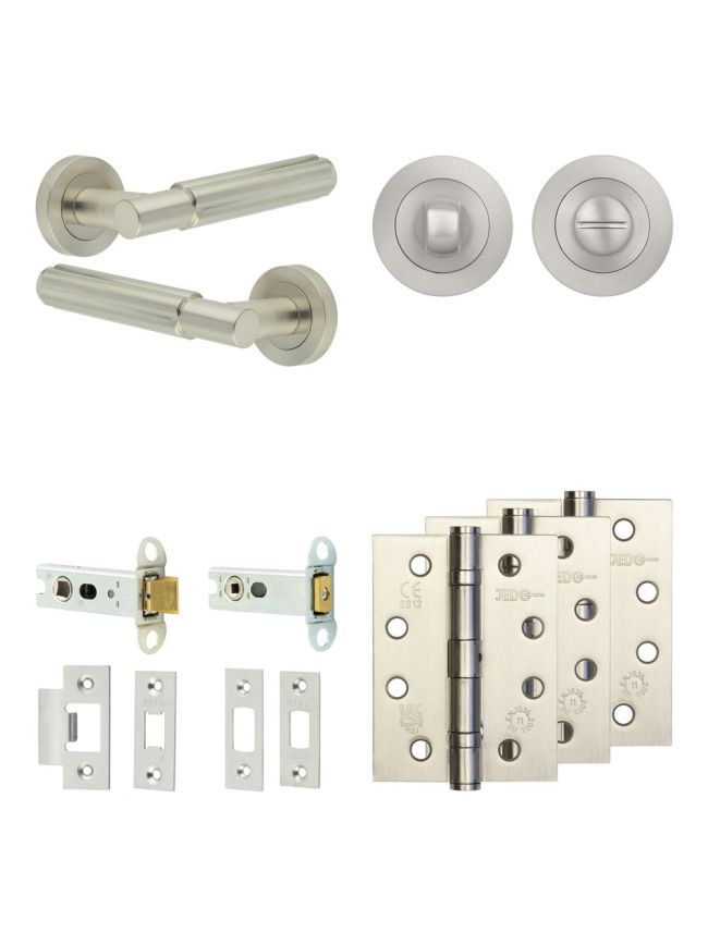 Complete Bloom Door Handle Pack - Heavy Duty Tubular Bathroom (Standard Thumb Turn) - Satin Nickel - 76mm / 4-inch Hinges - JE-B31A3-SN