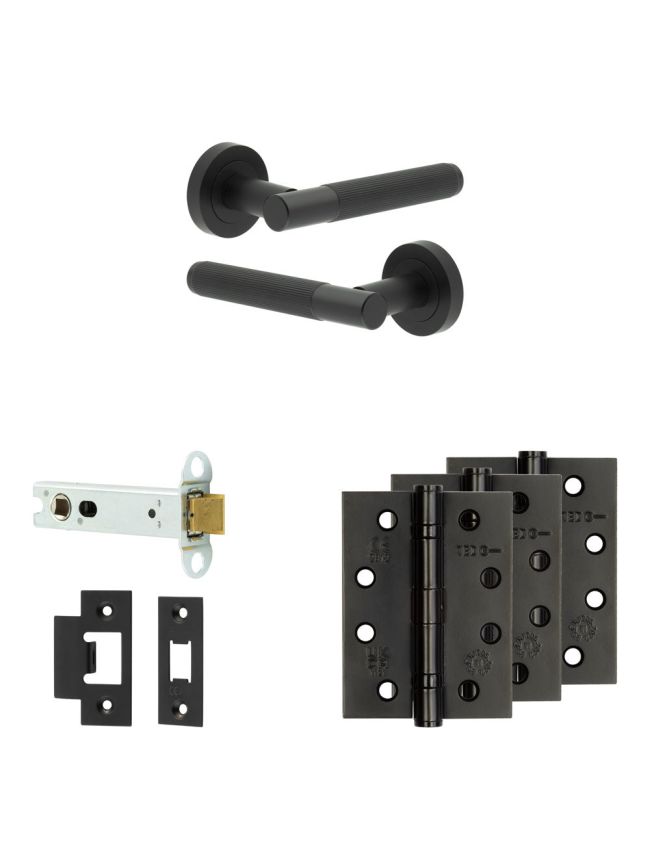 Complete Venice Door Handle Pack - Heavy Duty Latch - Matt Black - 102mm / 4-inch Hinges - JE-F22A-MB