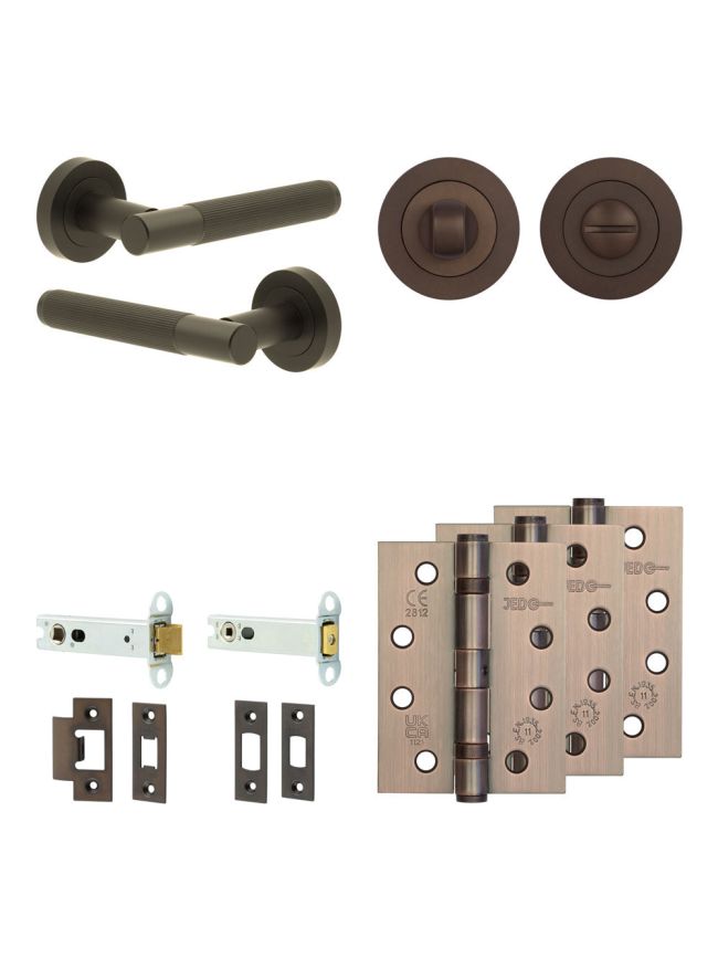 Complete Venice Door Handle Pack - Heavy Duty Tubular Bathroom (Standard Thumb Turn) - Dark Bronze - 102mm / 4-inch Hinges - JE-F32A3-DB