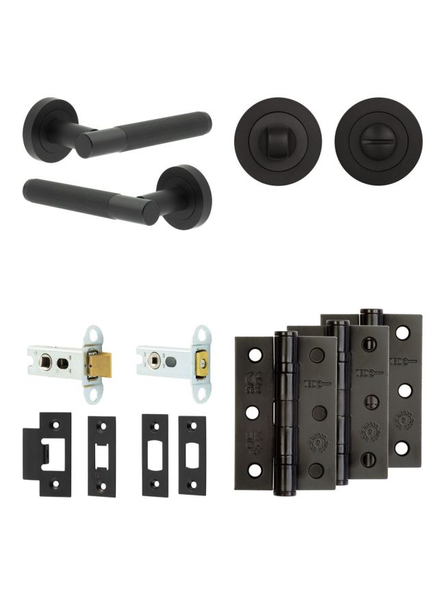Complete Venice Door Handle Pack - Heavy Duty Tubular Bathroom (Standard Thumb Turn) - Matt Black - 64mm / 3-inch Hinges - JE-F30B3-MB