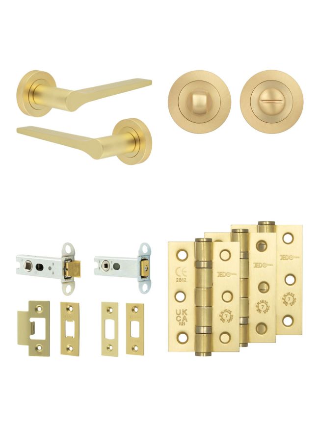 Complete Gio Door Handle Pack - Heavy Duty Tubular Bathroom (Standard Thumb Turn) - Satin Brass - 76mm / 3-inch Hinges - JE-E31B3-SB