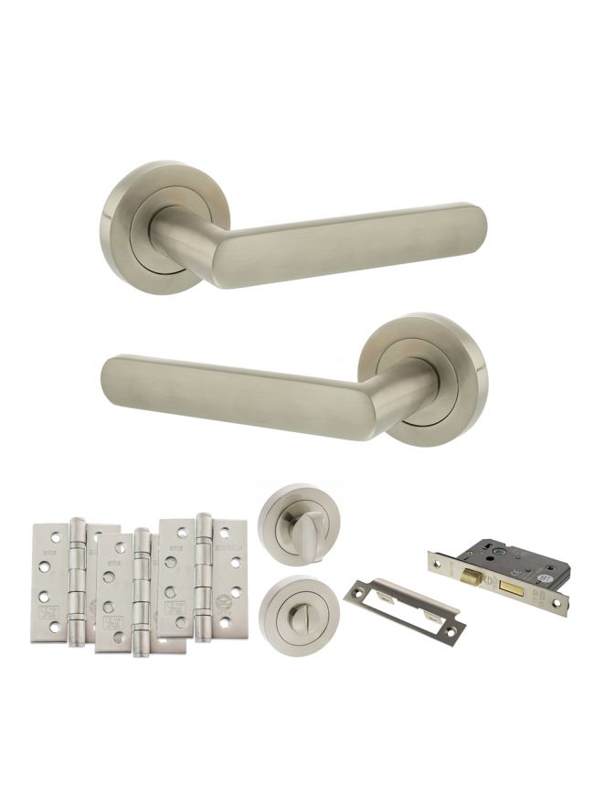 STATUS Carolina Door Handle Pack (Bathroom Set - 2.5" CE Bathroom Lock, 4" Fire Rated Hinges x3) - Satin Nickel