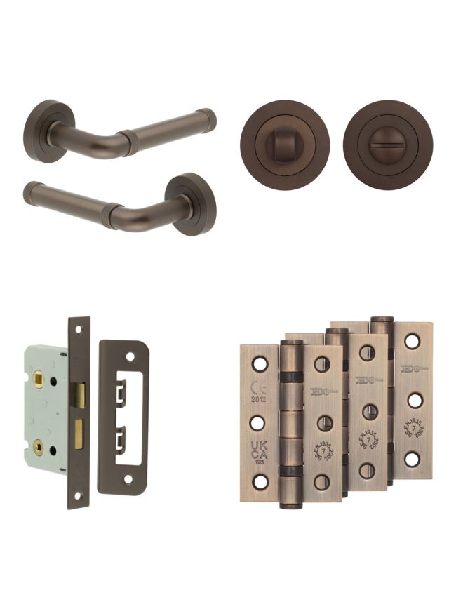 Complete Midtown Door Handle Pack - Bathroom Lock (Standard Thumb Turn) - Dark Bronze - 65mm / 3-inch Hinges - JE-G5B3-DB