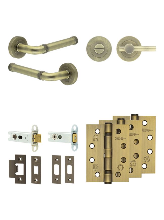 Complete Midtown Door Handle Pack - Heavy Duty Tubular Bathroom (Plain Thumb Turn) - Antique Brass - 76mm / 4-inch Hinges - JE-G31A2-AB
