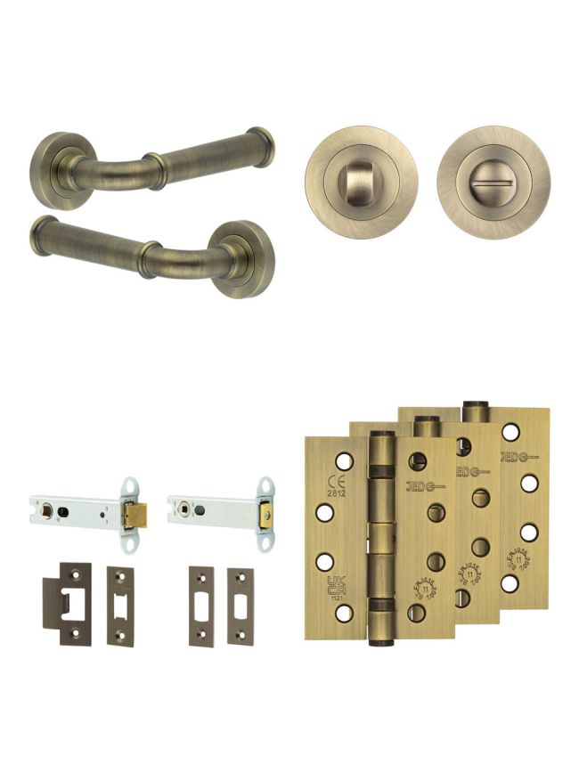 Complete Classic Door Handle Pack - Heavy Duty Tubular Bathroom (Standard Thumb Turn) - Antique Brass - 102mm / 4-inch Hinges - JE-A32A3-AB