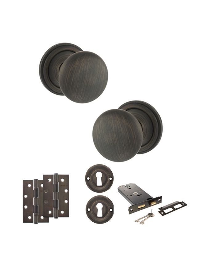 Old English Harrogate Door Knob Pack (Lock Set - Horizontal Sashlock, 4" Slim Knuckle Hinges x2) - Urban Bronze