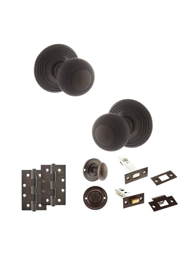 Old English Ripon Door Knob Pack (Bathroom Set - 4" Deadbolt, 4" Slim Knuckle Hinges x2) - Urban Dark Bronze