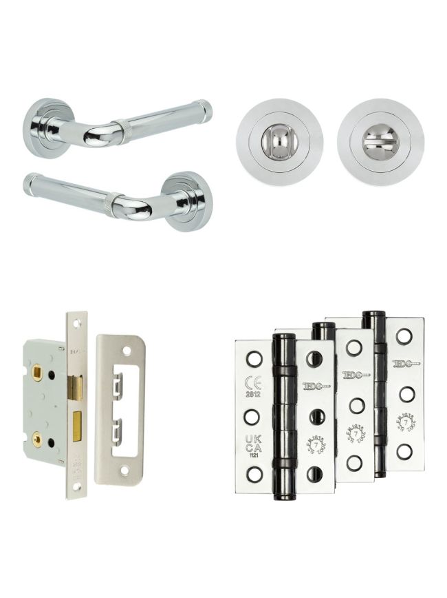 Complete Midtown Door Handle Pack - Bathroom Lock (Standard Thumb Turn) - Polished Chrome - 65mm / 3-inch Hinges - JE-G5B3-PC