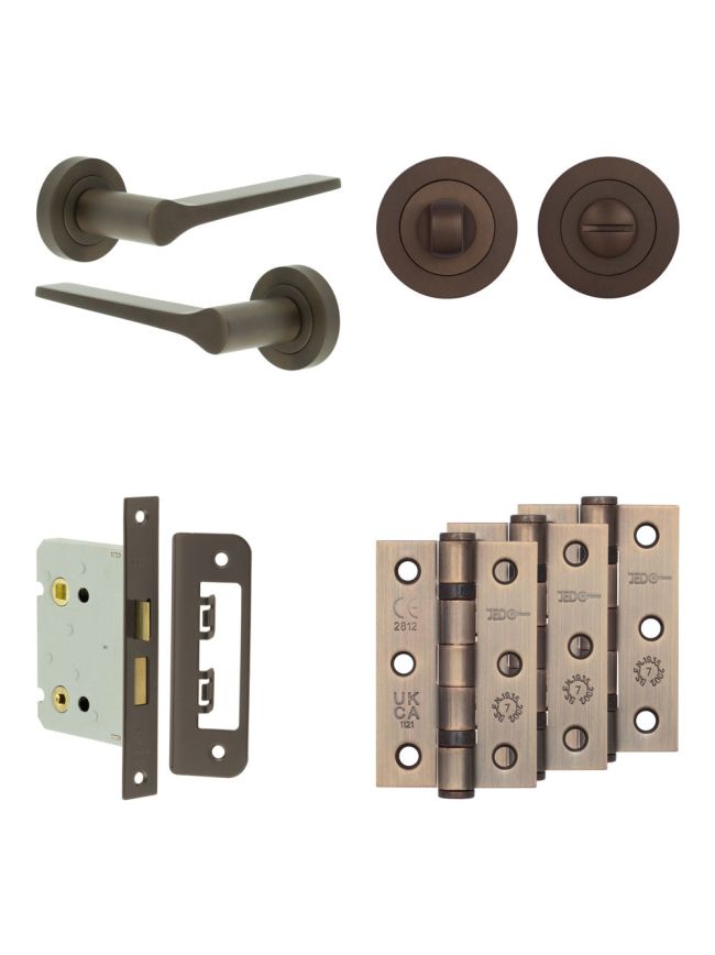 Complete Gio Door Handle Pack - Bathroom Lock (Standard Thumb Turn) - Dark Bronze - 76mm / 3-inch Hinges - JE-E6B3-DB