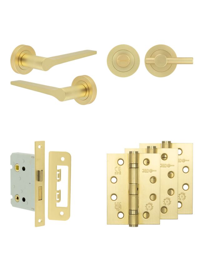 Complete Gio Door Handle Pack - Bathroom Lock (Plain Thumb Turn) - Satin Brass - 76mm / 4-inch Hinges - JE-E6A2-SB