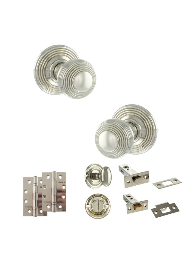Old English Ripon Door Knob Pack (Bathroom Set - 3" Deadbolt, 4" Slim Knuckle Hinges x2) - Polished Nickel
