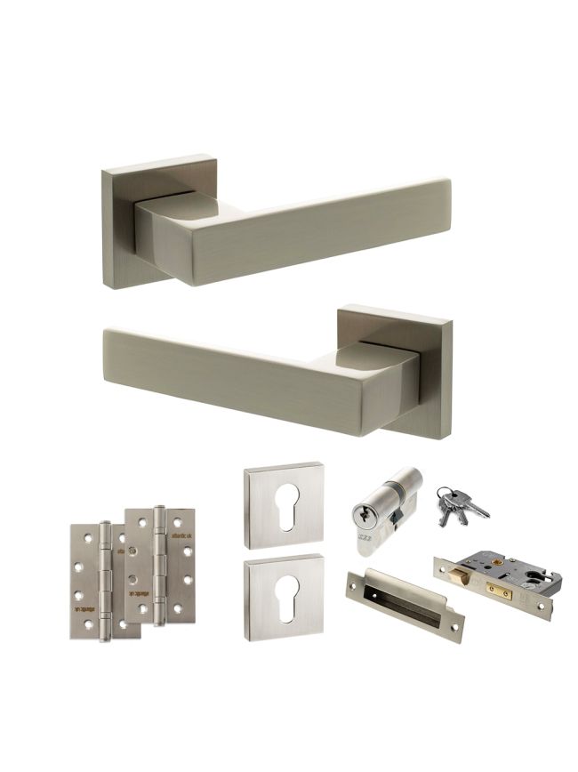 Senza Pari Panetti Door Handle Pack (Euro Lock Set - 3" CE Sashlock, 4" Slim Knuckle Hinges x2) - Satin Nickel