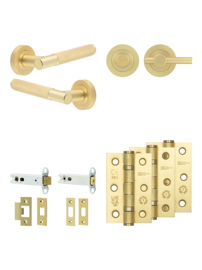 Complete Bari Door Handle Pack - Heavy Duty Tubular Bathroom (Plain Thumb Turn) - Satin Brass - 102mm / 3-inch Hinges - JE-D32B2-SB