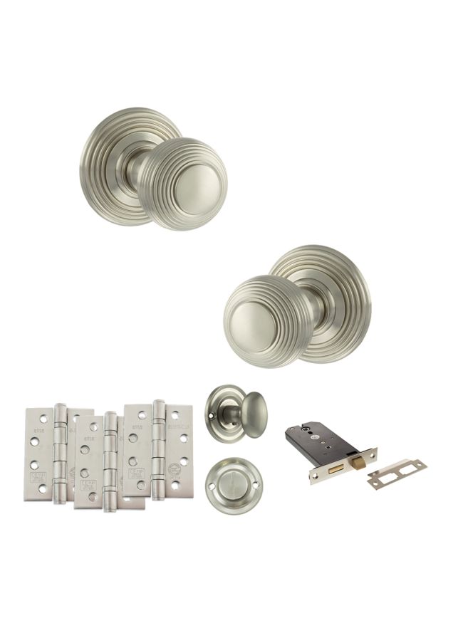 Old English Ripon Door Knob Pack (Lock Set - Horizontal Bathlock, 4" Fire Rated Hinges x3) - Satin Nickel