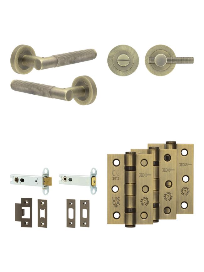 Complete Bari Door Handle Pack - Heavy Duty Tubular Bathroom (Knurled Thumb Turn) - Antique Brass - 102mm / 3-inch Hinges - JE-D32B1-AB