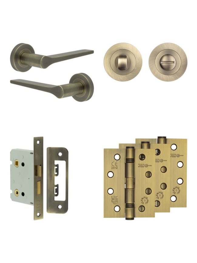Complete Gio Door Handle Pack - Bathroom - Antique Brass - By Frelan Hardware - JE-E6A3-AB