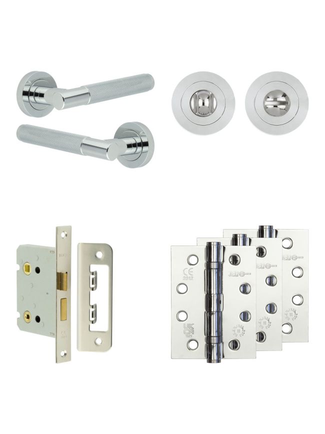 Complete Bari Door Handle Pack - Bathroom Lock (Standard Thumb Turn) - Polished Chrome - 76mm / 4-inch Hinges - JE-D6A3-PC
