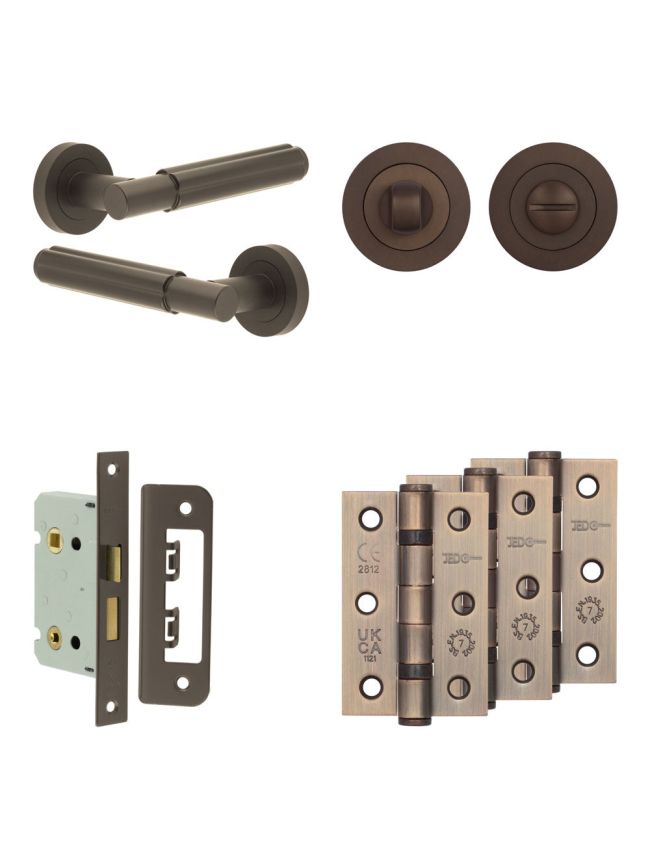 Complete Bloom Door Handle Pack - Bathroom Lock (Standard Thumb Turn) - Dark Bronze - 65mm / 3-inch Hinges - JE-B5B3-DB