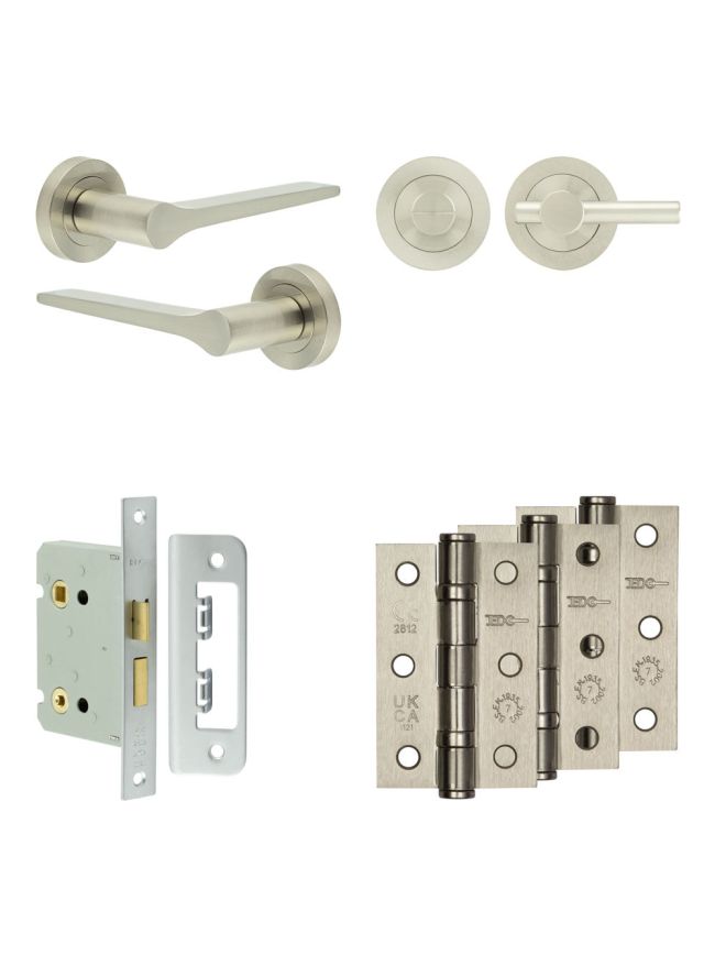 Complete Gio Door Handle Pack - Bathroom Lock (Plain Thumb Turn) - Satin Nickel - 76mm / 3-inch Hinges - JE-E6B2-SN