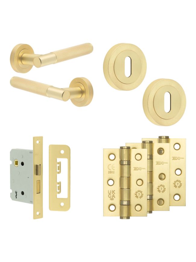 Complete Bari Door Handle Pack - Sashlock - Satin Brass - 76mm / 3-inch Hinges - JE-D8B8-SB