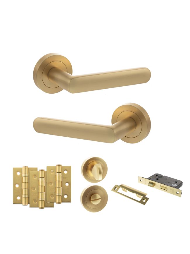 STATUS Carolina Door Handle Pack (Bathroom Set - 2.5" CE Bathroom Lock, 3" Fire Rated Hinges x3) - Satin Brass