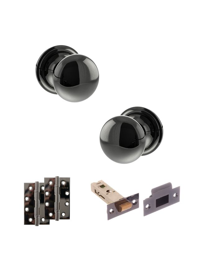 Old English Harrogate Door Knob Pack (Latch Set - 4" HD Latch, 4" Slim Knuckle Hinges x2) - Black Nickel