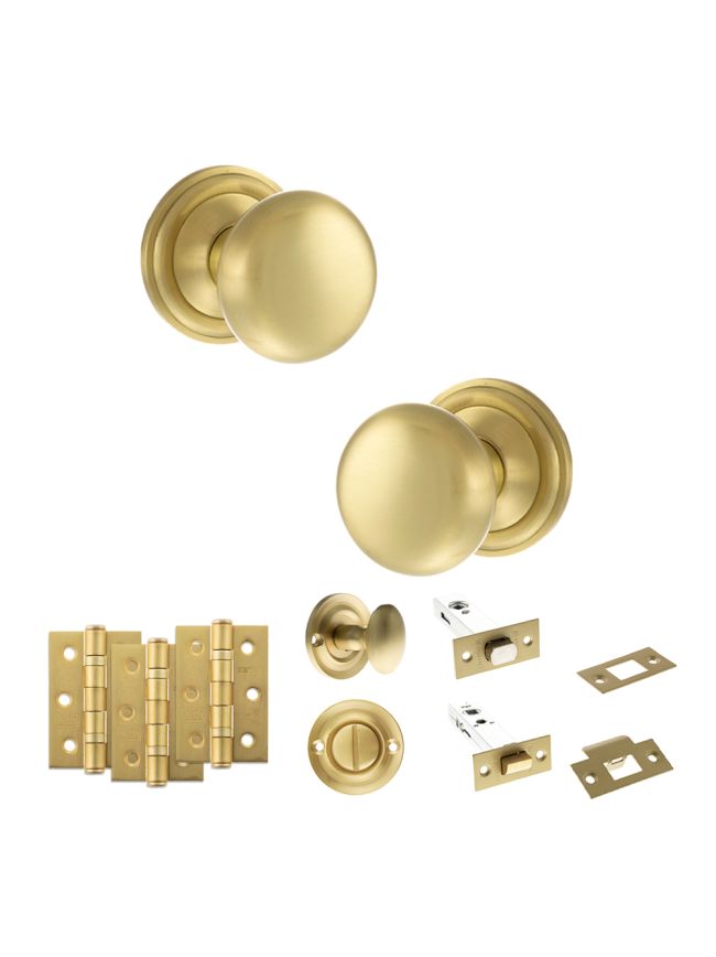 Old English Harrogate Door Knob Pack (Bathroom Set - 4" Deadbolt, 3" Fire Rated Hinges x3) - Satin Brass