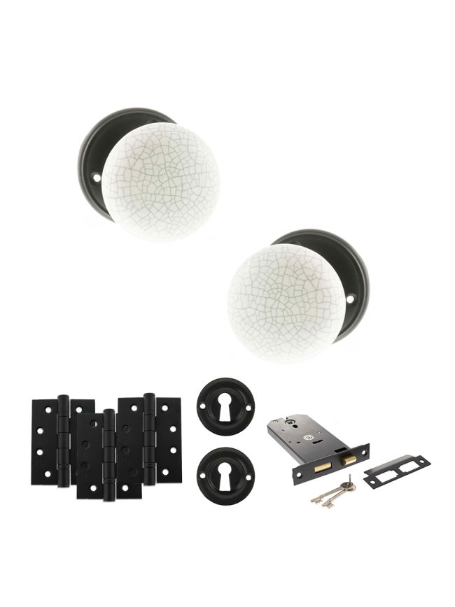 Old English Skipton Door Knob Pack (Lock Set - Horizontal Sashlock, 4" Fire Rated Hinges x3) - Matt Black