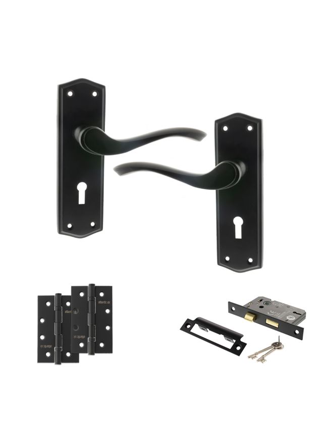 Old English Warwick Door Handle Pack (3 Lever Lock Set - 3" CE Sashlock, 4" Slim Knuckle Hinges x2) - Matt Black