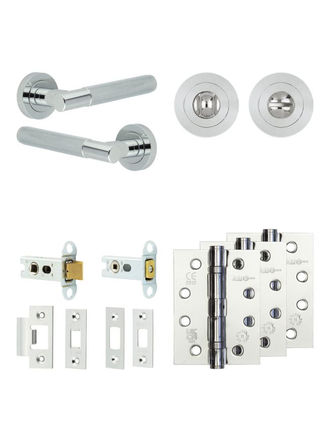 Complete Bari Door Handle Pack - Heavy Duty Tubular Bathroom (Standard Thumb Turn) - Polished Chrome - 64mm / 4-inch Hinges - JE-D30A3-PC